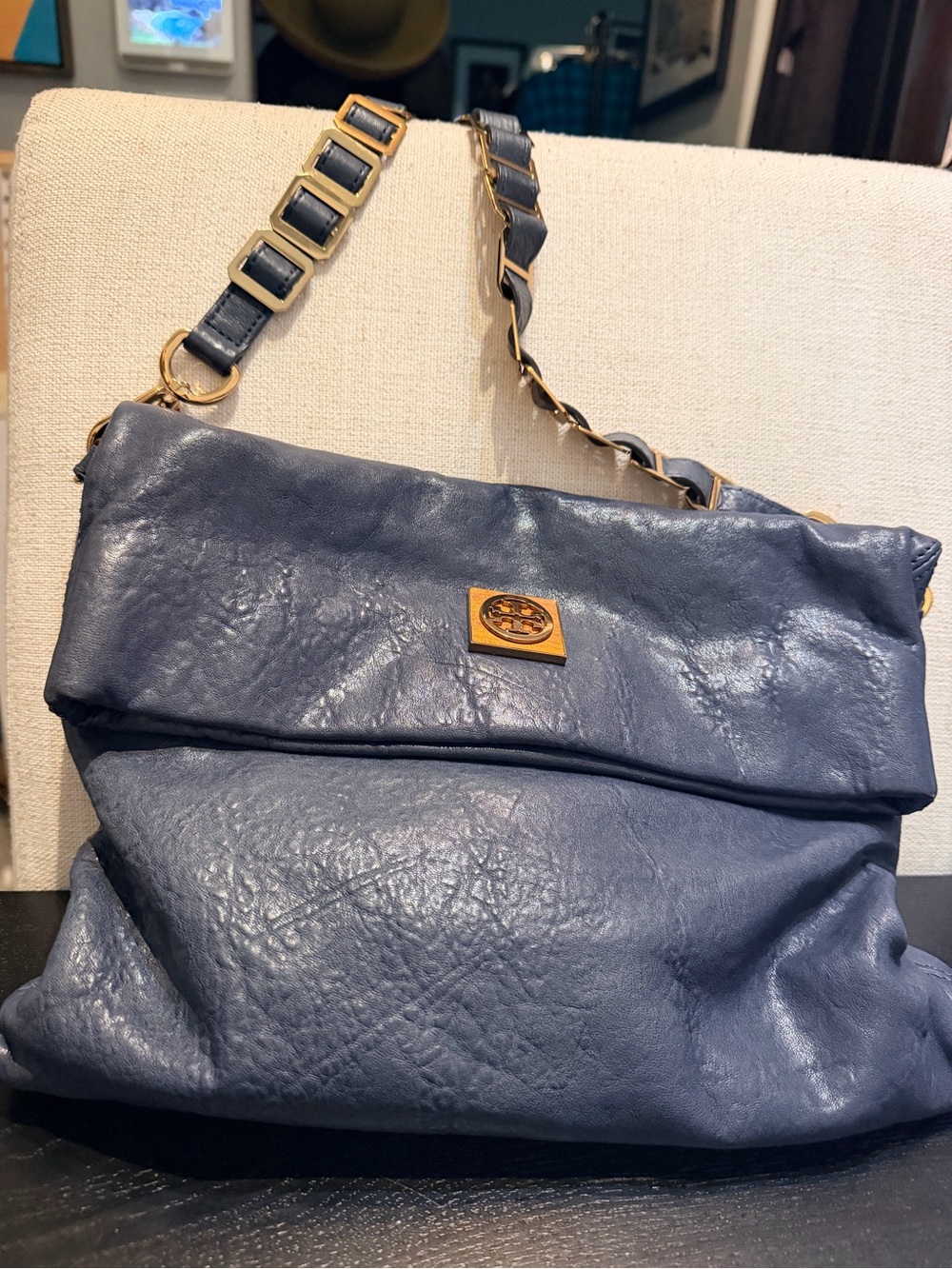 Tory Burch Navy Leather Shoulder Bag with Gold-Tone Hardware Messenger Bag